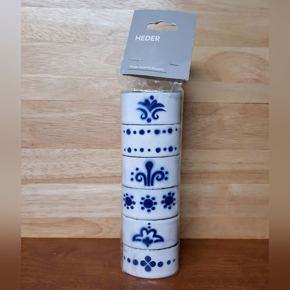 Ikea Heder 6 Napkin Rings metal enamel white blue NEW Katarina Brieditis scandi